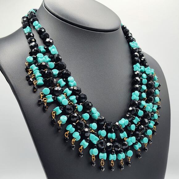 Vintage Hobé Bib Necklace Black Faceted & Aqua Bowtie Glass Beads 1950s - Picture 3 of 8